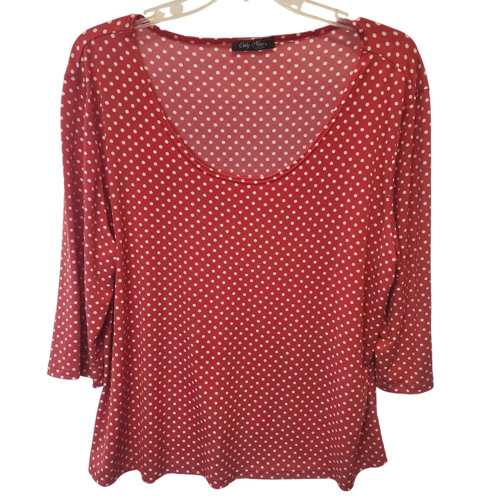 Only Nine Polka Dot Blouse Womens XXL Red‎ 3/4 Sleeve Scoop Neck Retro Casual